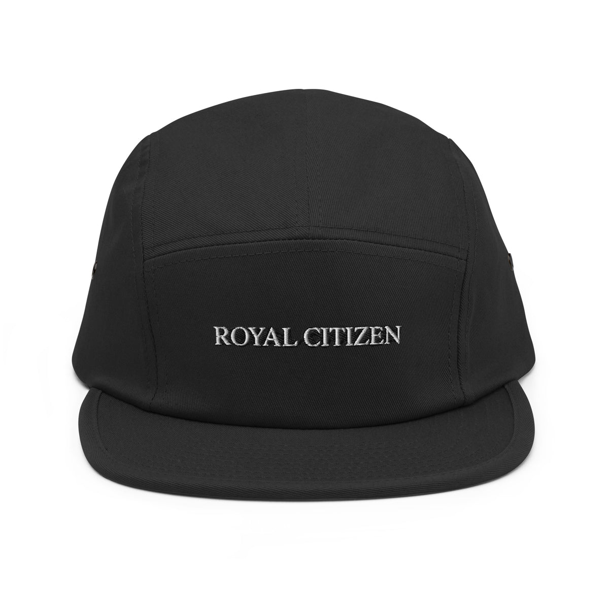 Royal Citizen Founder’s Cap 001 in jet black with white embroidered wordmark, front view