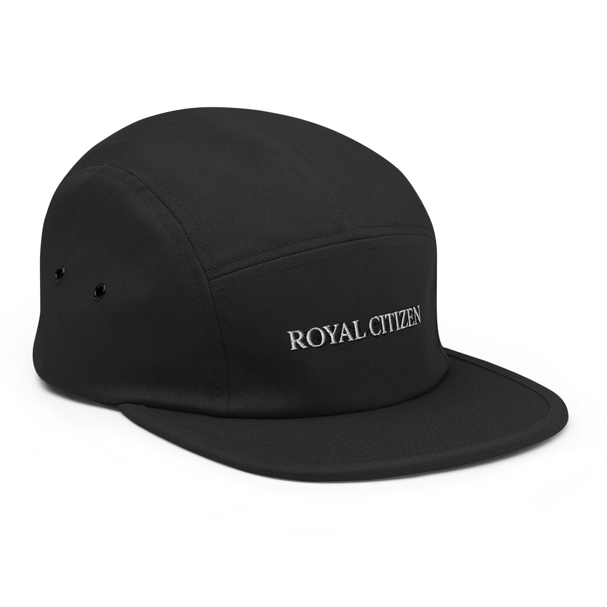 Royal Citizen Founder’s Cap 001 in jet black with white wordmark, right front angle